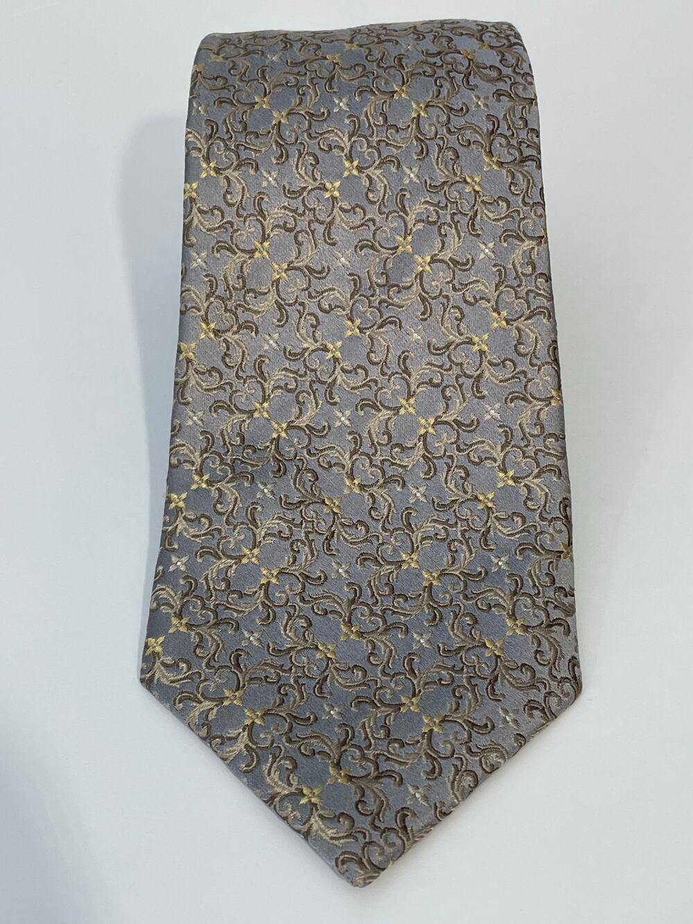 Lagatani Bendiction Silk Necktie Long Silver Gold Embossed Bridgerton Regency
